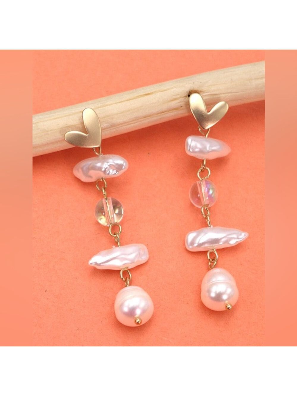 Josslyn Jewelry heart pearl linear drop earrings new sealed in bag gold plating